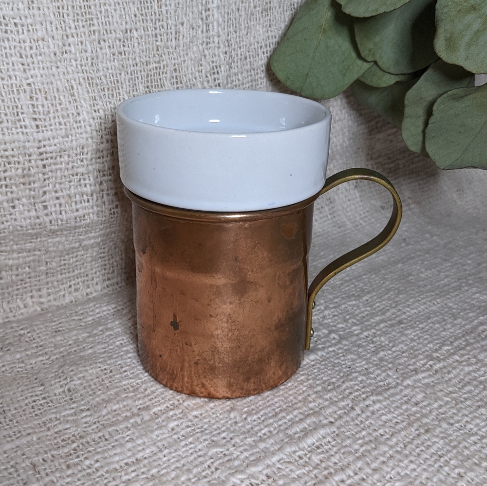 Vintage Copper Sleeved Ceramic Mug with Brass Handle